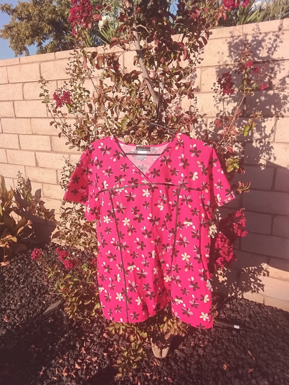 Cherokee Bright Pink Floral V-Neck Scrub Top